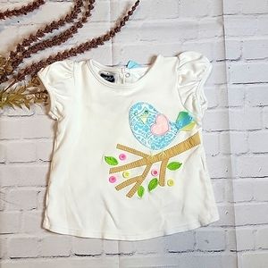 3T- Mudpie Top w/ Embroidered Bird & Blue Ribbon Snap Back Closure